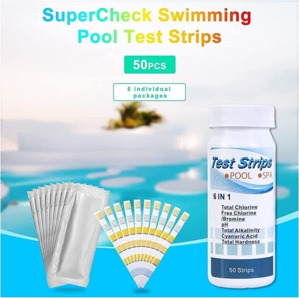 6-i-1 Pool- och Spa-teststickor , Vattentestare 50-pack - pH, Klor, Alkalinitet, Cyanursyra, Hårdhet