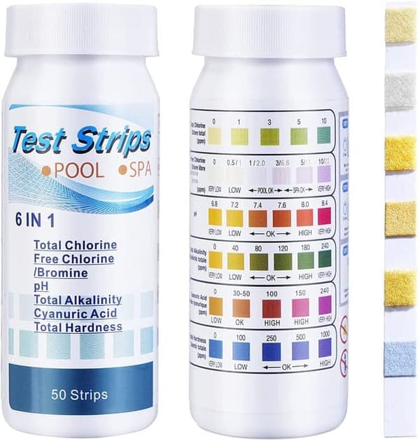 6-i-1 Pool- och Spa-teststickor , Vattentestare 50-pack - pH, Klor, Alkalinitet, Cyanursyra, Hårdhet