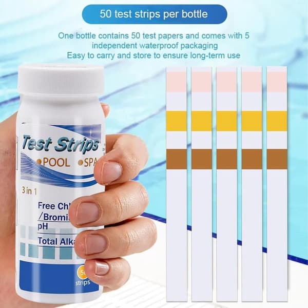 Lollanda 50-pack 3-i-1 Pooltestremsor och Spa-teststickor - pH, Vattentestare, Alkalinitet, Fritt Klor