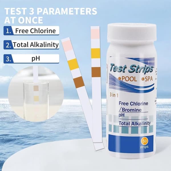 Lollanda 50-pack 3-i-1 Pooltestremsor och Spa-teststickor - pH, Vattentestare, Alkalinitet, Fritt Klor
