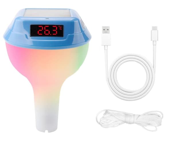 Lollanda Solar Powered Pool Termometer, Trådløst Solar Powered Pool Termometer - IPX8 Vandtæt med RGB LED Lys