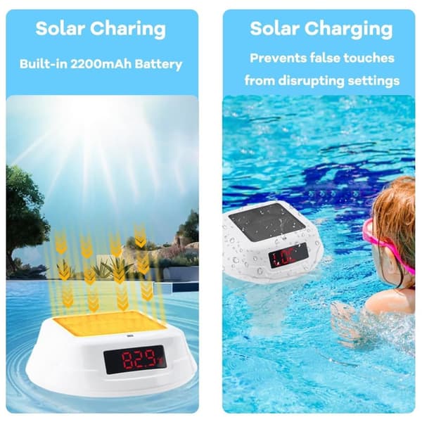 Lollanda Solar Powered Pool Termometer, Trådløst Solar Powered Pool Termometer - IPX8 Vandtæt med RGB LED Lys