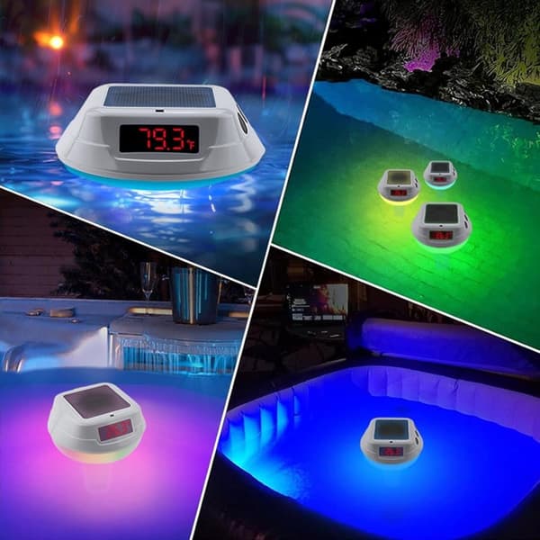 Lollanda Solar Powered Pool Termometer, Trådløst Solar Powered Pool Termometer - IPX8 Vandtæt med RGB LED Lys