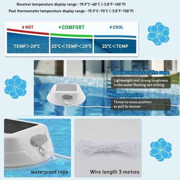 Lollanda Solar Powered Pool Termometer, Trådløst Solar Powered Pool Termometer - IPX8 Vandtæt med RGB LED Lys