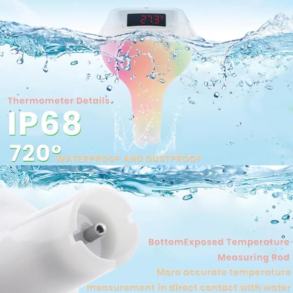 Lollanda Solar Powered Pool Termometer, Trådløst Solar Powered Pool Termometer - IPX8 Vandtæt med RGB LED Lys
