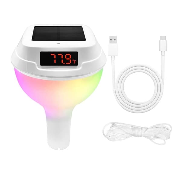 Lollanda Solar Powered Pool Termometer, Trådløst Solar Powered Pool Termometer - IPX8 Vandtæt med RGB LED Lys Hvid