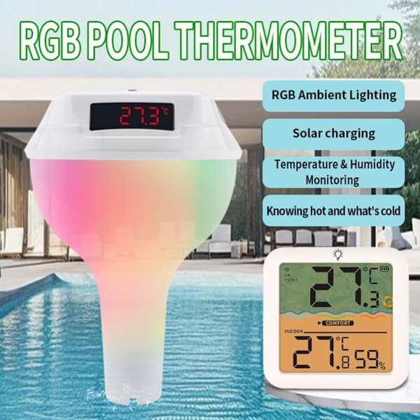 Lollanda Solcellsdriven Digital Pooltermometer, Trådlös solcellsdriven pooltermometer med RGB LED