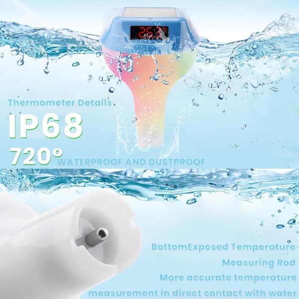 Lollanda Trådlös Flytande Pooltermometer, Solcellsdriven Pooltermometer - IP68 Vattentät med RGB-ljus