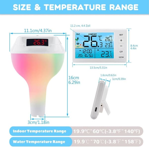 Lollanda Trådlös Flytande Pooltermometer, Solcellsdriven Pooltermometer - IP68 Vattentät med RGB-ljus