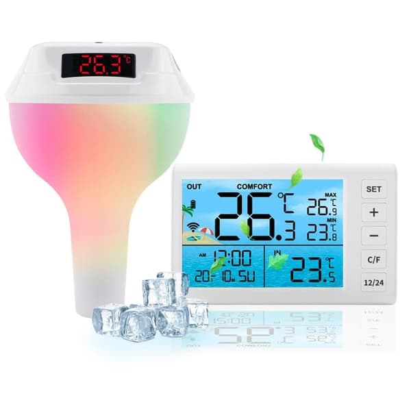 Lollanda Trådlös Flytande Pooltermometer, Solcellsdriven Pooltermometer - IP68 Vattentät med RGB-ljus