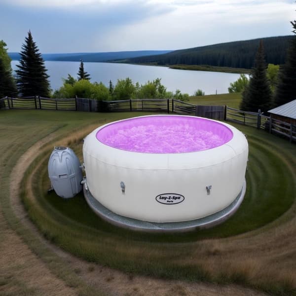 Oppusteligt spabad til 4 personer – 108 bobledyser – 158x158cm – Opvarmes op til 40°C – UVC-desinfektion – LED-styring – Timerfunktion – Indendørs og
