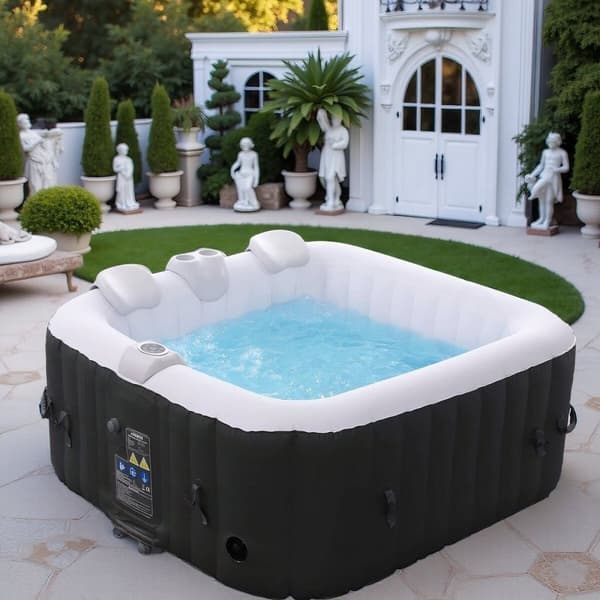Oppustelig jacuzzi – 4 personer – 180 x 180 x 63 cm – 799L – Rund – 120 massagedyser – Til indendørs og udendørs brug – Med varme, isolerende overtræk