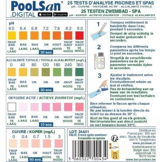 Poolsan analyskit för pooler och spa - Koppar, Aktivt syre, pH och Alkalinitet