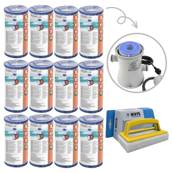 Filter Typ I - Bestway - Lämplig för filterpump 58381 - 12 stycken & WAYS skurborste