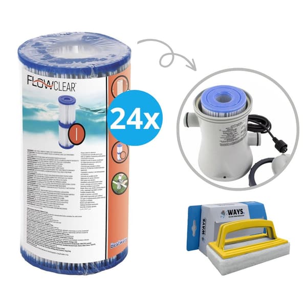 Filter Typ I - Bestway - Lämplig för filterpump 58381 - 24 stycken & WAYS skurborste
