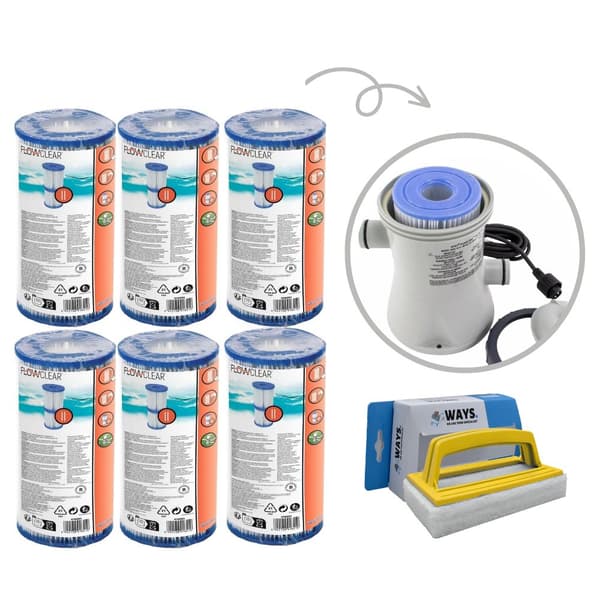 Filtre Type II - Bestway - Velegnet til filterpumpe 58383 - 6 stk & WAYS skrubbebørste