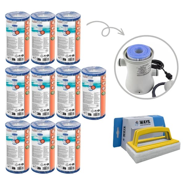 Filter Typ II - Bestway - Lämplig för filterpump 58383 - 10 stycken & WAYS skurborste