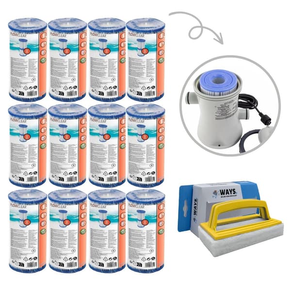 Filtre Type II - Bestway - Velegnet til filterpumpe 58383 - 12 stykker & WAYS skrubbebørste