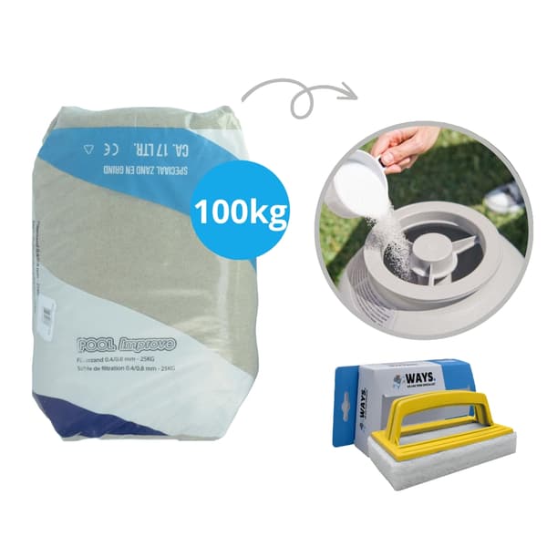 Filtersand til filterpumpe - Pool Improve - 100 kilo (4 x 25 kilo) & WAYS skrubbebørste
