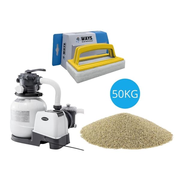 Intex - Sandfilterpumpe 7900 L/u & Filterzand 50 kg &WAYS Scruborstel