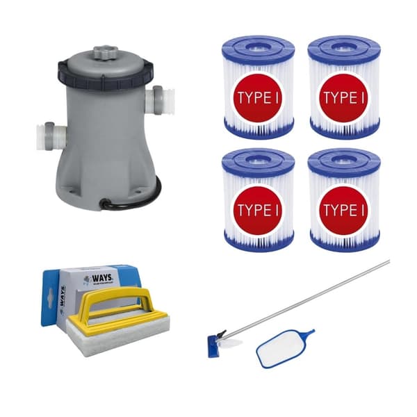 Bestway - Vedligeholdelsessæt & filterpumpe 1249 L/h & 4 filtre Type I &WAYS skrubbebørste