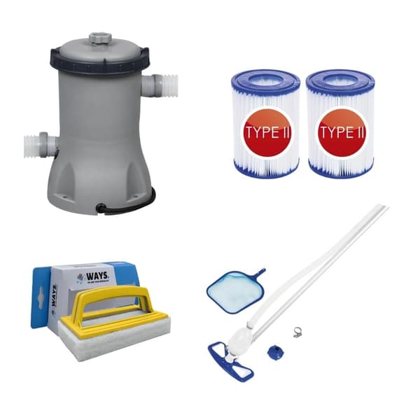 Bestway - Swimming Pool Støvsuger AquaClean & Filter Pump 2006 L/h & 2 Filtre Type II &WAYS Skrubebørste