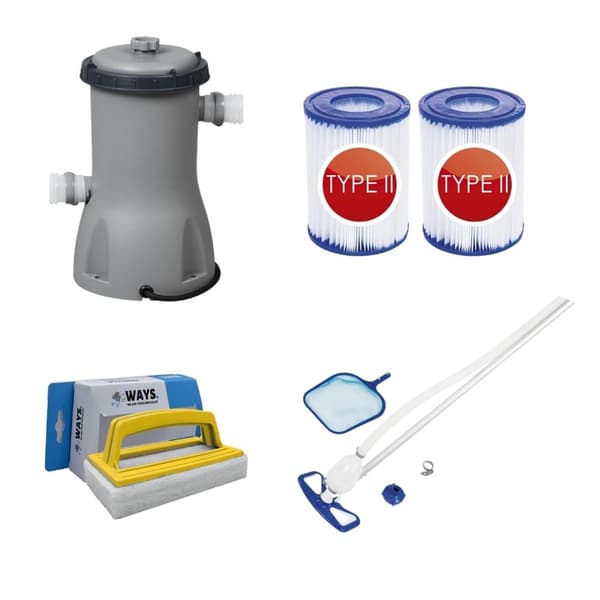 Bestway - Swimming Pool Støvsuger AquaClean & Filter Pump 3028 L/h & 2 Filtre Type II &WAYS Skrubebørste