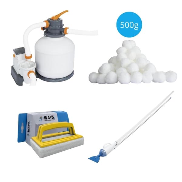 Bestway - Pool Støvsuger AquaCrawl & Sand Filter Pumpe 5678 L/h & Filter Bolde 500 g &WAYS skrubbebørste