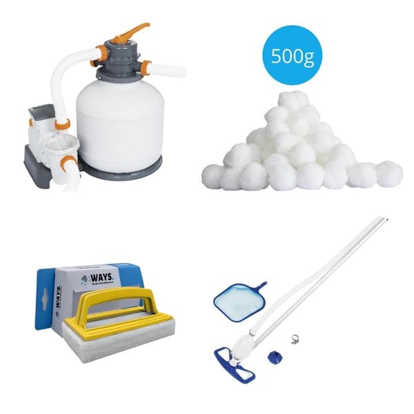 Bestway - Poolstøvsuger AquaClean & Sand filterpumpe 5678 L/h & Filterkugler 500 g &WAYS Skrubebørste
