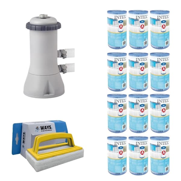 WAYS - Poolunderhåll - Filterpump 3407 L/h & 12 filter Typ A & WAYS skurborste
