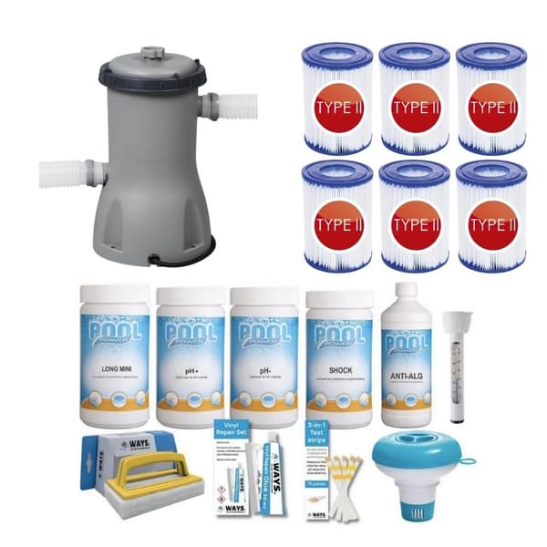 WAYS - Poolvedligeholdelse - Pakke Medium Deluxe & Filterpumpe 3028 L/h & 6 filtre Type II
