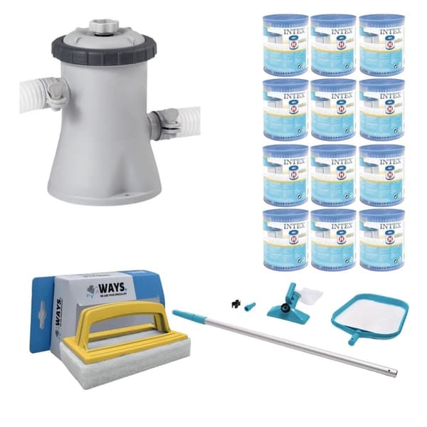 WAYS - Poolvedligeholdelse - Vedligeholdelsessæt & filterpumpe 1250 L/h & 12 filtre Type H &WAYS skrubbebørste