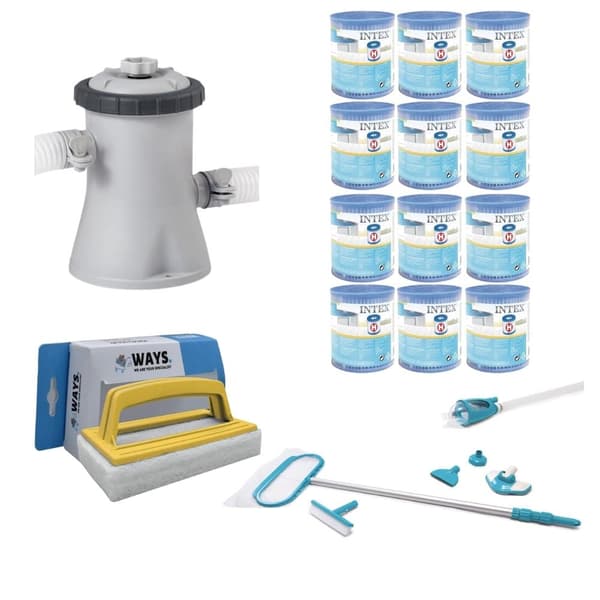 WAYS - Poolvedligeholdelse - Vedligeholdelsessæt Deluxe & filterpumpe 1250 L/h & 12 filtre Type H &WAYS skrubbebørste