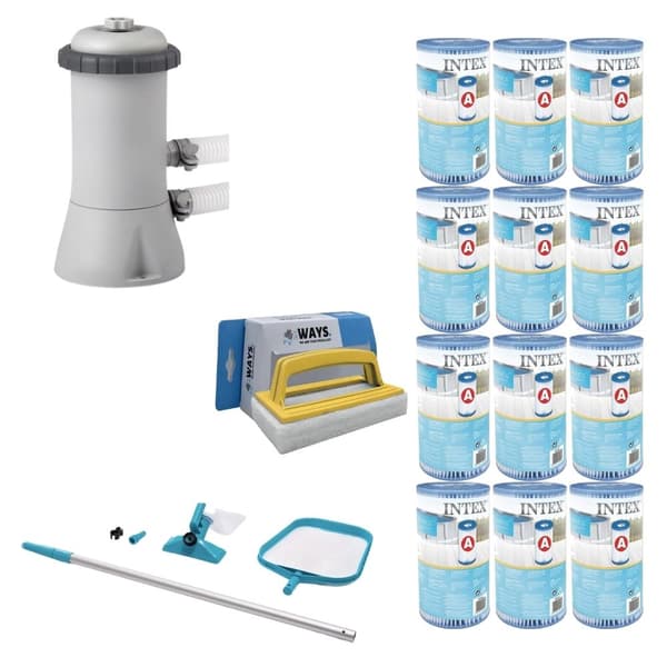 WAYS - Poolvedligeholdelse - Vedligeholdelsessæt & filterpumpe 2271 L/h & 12 filtre Type A &WAYS skrubbebørste