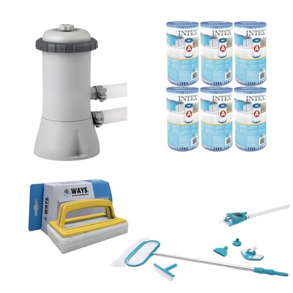 WAYS - Poolunderhåll - Underhållsset Deluxe & filterpump 2271 L/h & 6 filter Typ A & WAYS skurborste