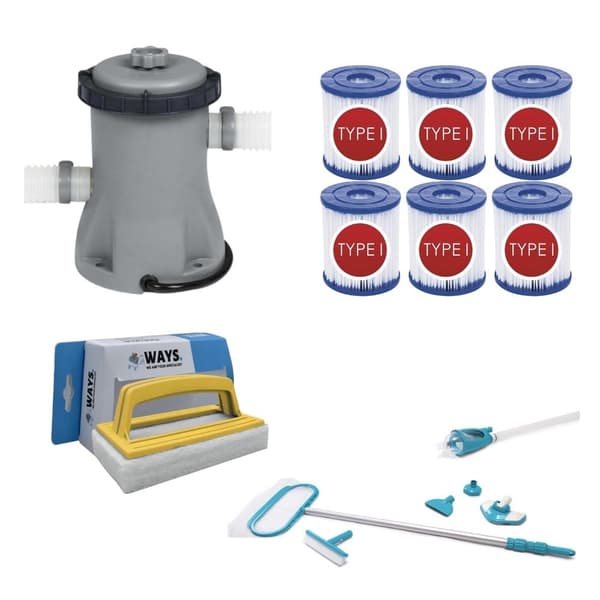 WAYS - Poolunderhåll - Underhållsset Deluxe & filterpump 1249 l/h & 6 filter typ I & WAYS skurborste