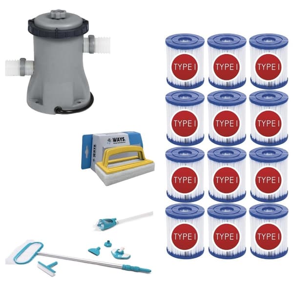 WAYS - Poolvedligeholdelse - Vedligeholdelsessæt Deluxe & Filterpumpe 1249 L/h & 12 Filtre Type I &WAYS Skrubebørste