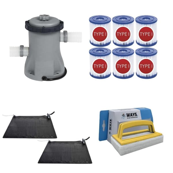 WAYS - Poolvedligeholdelse - 2x Solarmat & Filterpumpe 1249 L/h & 6 Filtre Type I &WAYS Skrubebørste