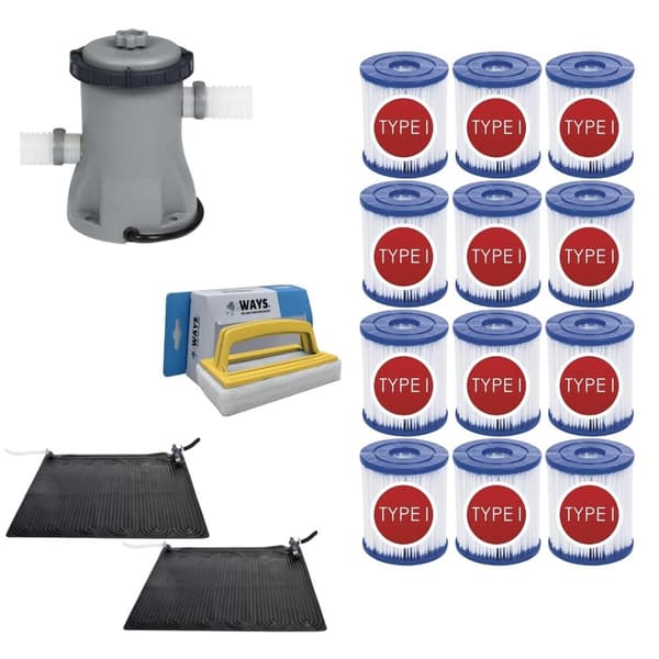 WAYS - Poolvedligeholdelse - 2x Solarmat & Filterpumpe 1249 L/h & 12 Filtre Type I &WAYS Skrubebørste