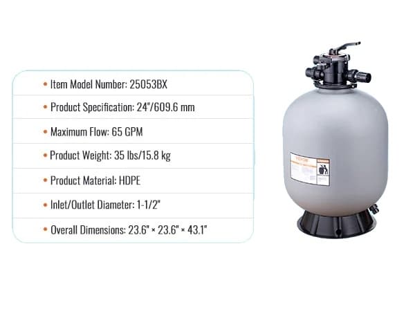 Sandfilter, 7-vägs multiportventil, hög flödeshastighet i GPM, 22 tum 55 GPM 24inch 65GPM