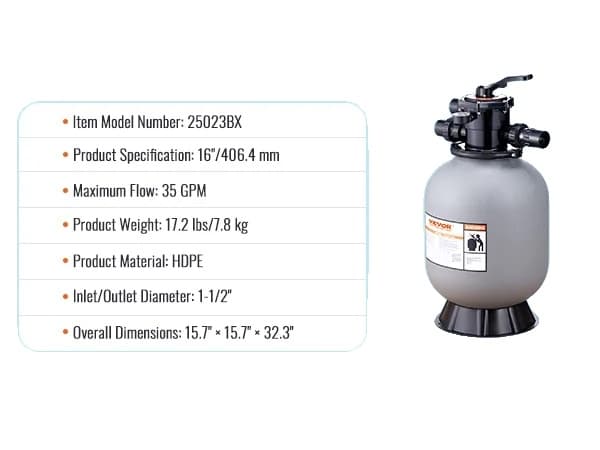 Sandfilter, 7-vejs multi-port ventil, høj GPM flowhastighed, 22 tommer 55GPM 16inch 35GPM