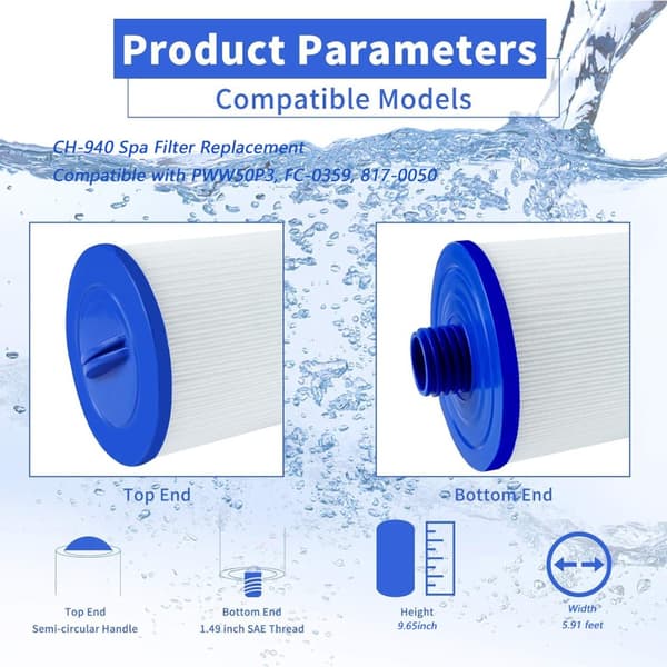 CH-940 Spa Filter Udskiftning, Multi-Model Kompatibel, til boblebad/spa, 1 1/2-tommer SAE gevind, 2-pak