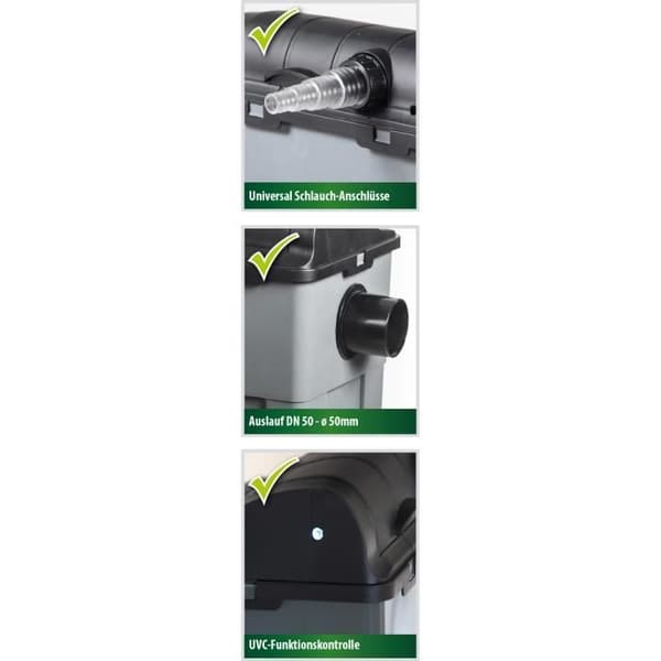 HEISSNER FPU10100-00 Gravity Filter Set - Svart, Grå - 3300 L/h - Integrerad UV-lampa