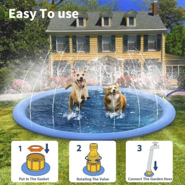 Vattenspraymatta - 150 cm halkfri hundpool med justerbar fontän för barn, husdjur