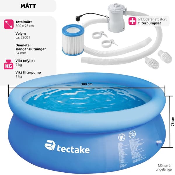 Pool rund med filterpump Ø 300 x 76 cm - blå
