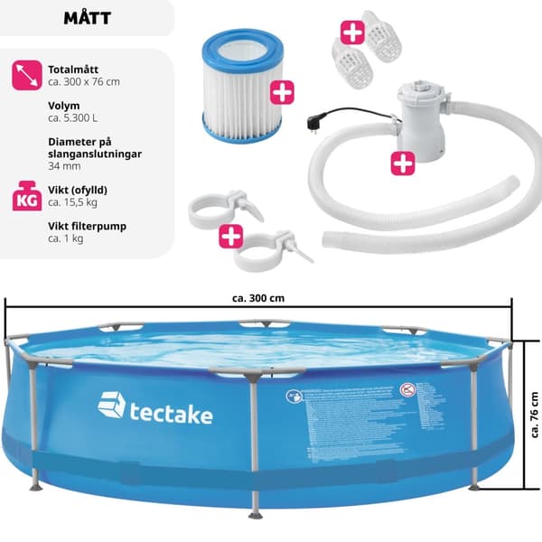 Pool rund med filterpump Ø 300 x 76 cm - blå