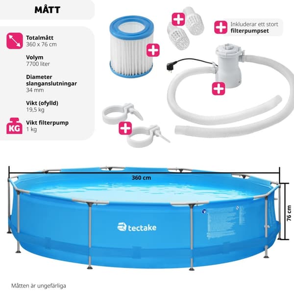 Pool rund med filterpump Ø 360 x 76 cm - blå