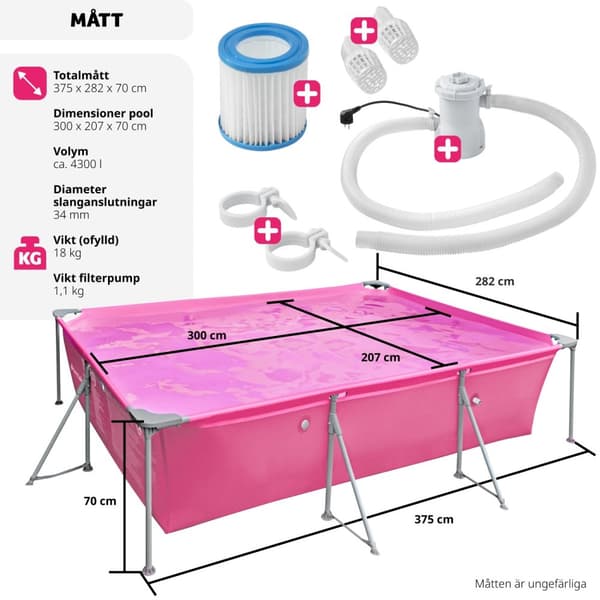 Pool fyrkantig 300 x 207 x 70 cm - pink