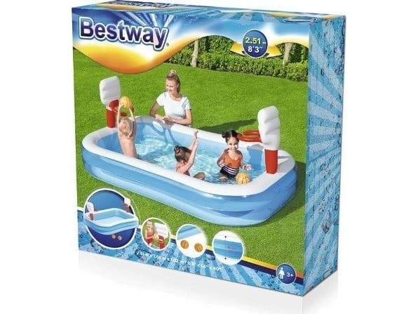 Bestway 54122, Oppblåsbart basseng, 636 l, Rektangulær, 3 år, Vinyl, Blå, Oransje, Hvit