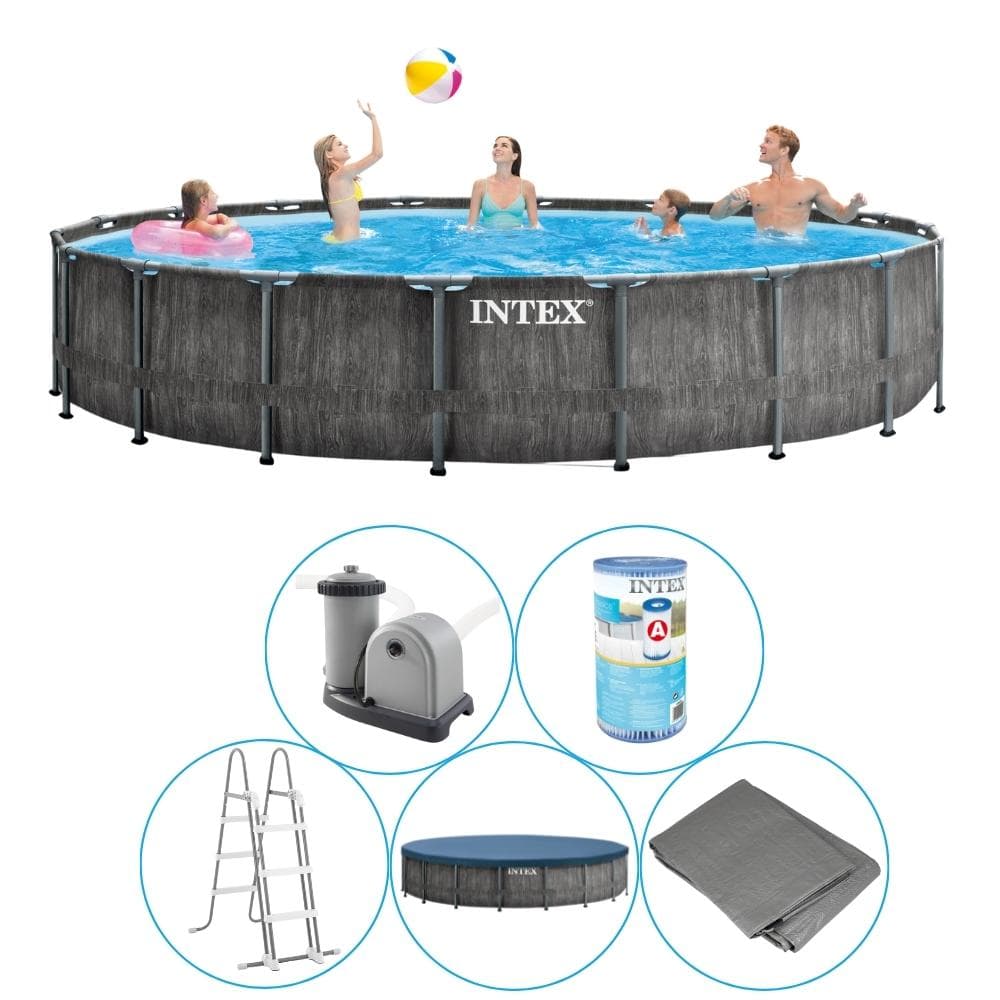 Intex - Prism Frame Graywood - Swimming Pool With Filter Pump - 549x122 CM - Round - Börja pool - inklusive tillbehör